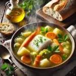 A BOWL OF FISH SOUP WITH CHUNKS OF WHITE FISH, VEGETABLES, AND FRESH HERBS, SERVED WITH CRUSTY BREAD.