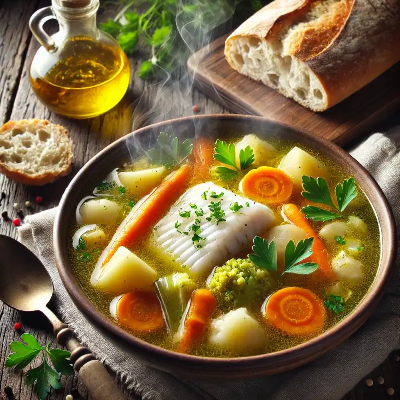 A BOWL OF FISH SOUP WITH CHUNKS OF WHITE FISH, VEGETABLES, AND FRESH HERBS, SERVED WITH CRUSTY BREAD.